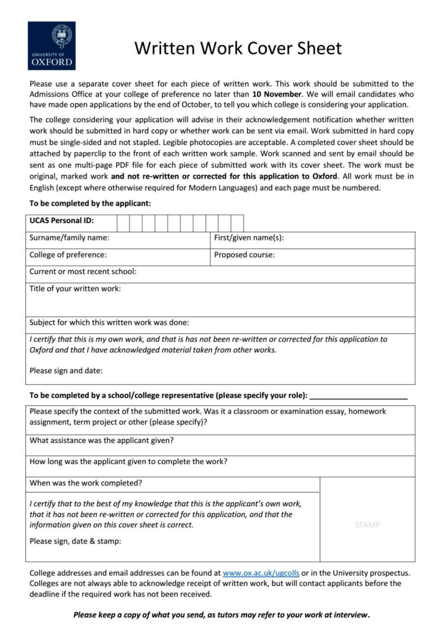 written work cover sheet